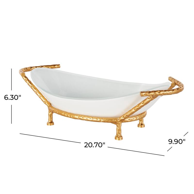 Tempered Glass Kitchen Serving Bowl with Gold Metal Stand - White - Roche River Decor - 10"W x 21"L x 6"H