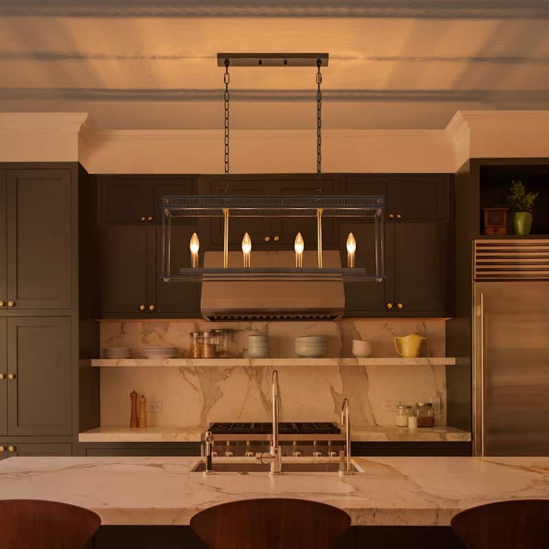 4-Light Black Industrial Rectangular Caged Chandelier Kitchen Island - Dia.29.92-in