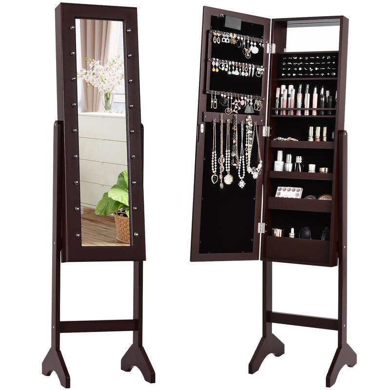 LED-Lighted Standing Jewelry Armoire Storage Cabinet with Full Length Mirror - 14" x 12.5" x 57" (L x W x H)
