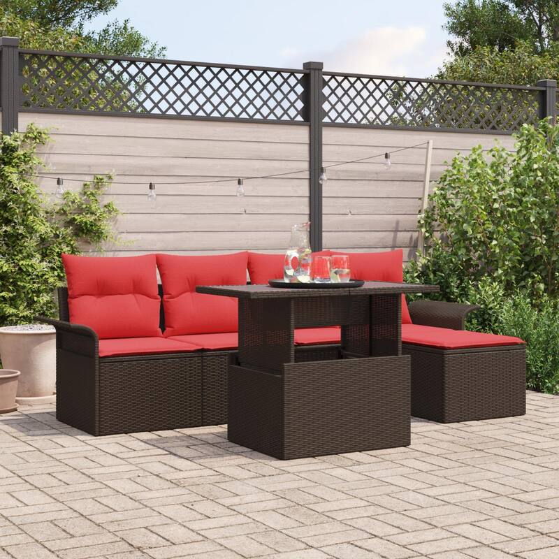 vidaXL 6 Garden Sofa Set with Cushions Black/Brown/Grey Poly Rattan - 98.8 x 46.1 x 27.2 - Brown