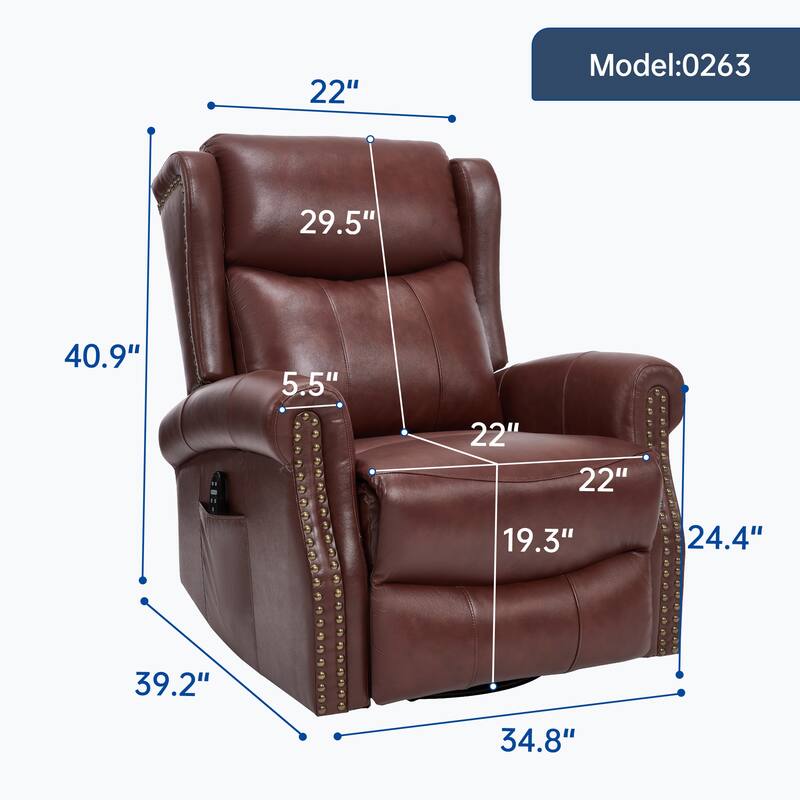 Manual Recliner Chair with Heat & Massage, Genuine Leather Swivel Recliner Chair, Lounge Sofa Chair with Side Pockets