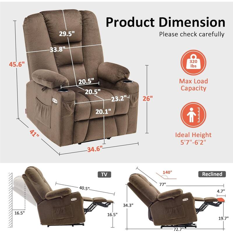 MCombo Large Electric Power Lift Recliner Chair with Massage and Heat for Elderly, Fabric 7549