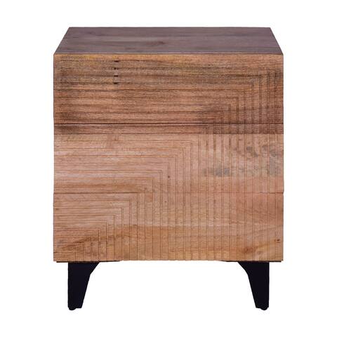 Kai 30.5 Inch Mango Wood Nightstand Chest Cabinet with 3 Drawers and Embossed Geometric Design, Natural Brown
