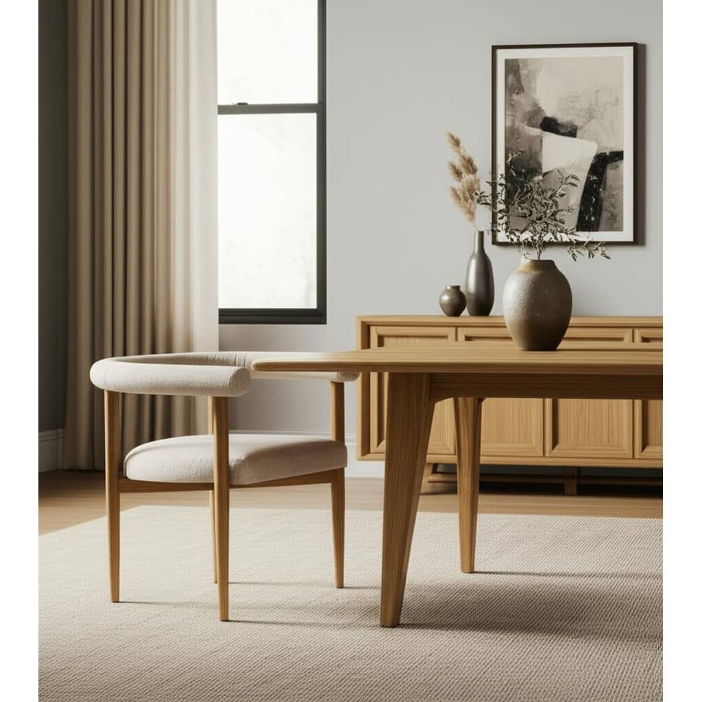 HomeRoots Beige and Brown Upholstered Cushion And Solid Wood Open Back Dining Arm Chair - 21.5 in. x 28 in. x 26 in.