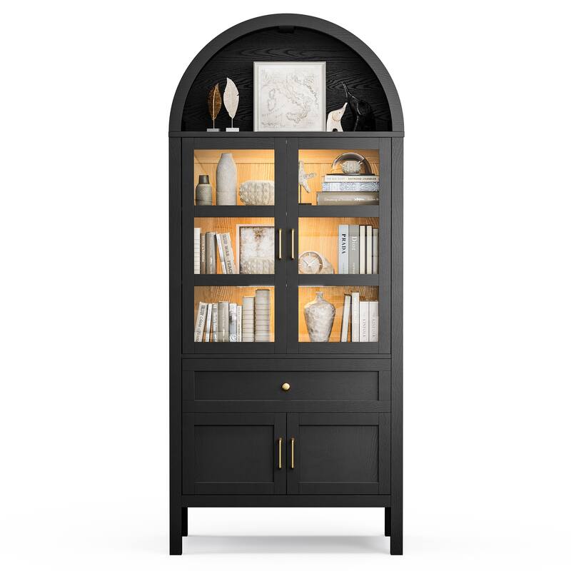 Arched Storage Cabinet With Glass Doors & Auto Sensor LED Lights - Black Arched Cabinet