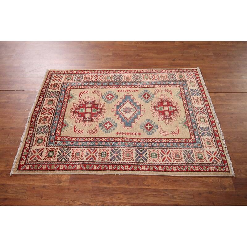 Oriental Kazak Foyer Rug Hand-Knotted Traditional Beige Wool Carpet - 3'4" x 4'7"