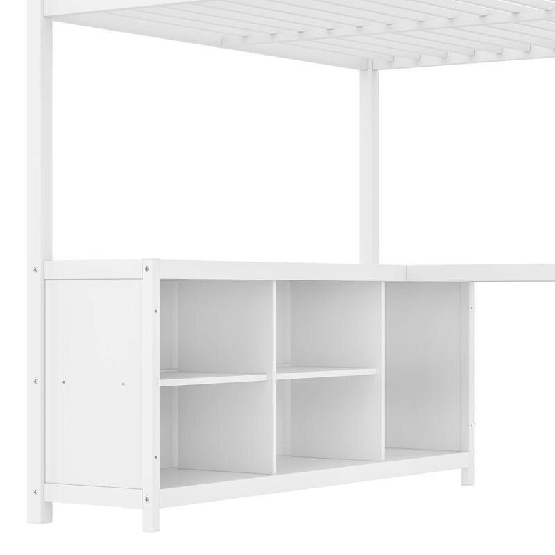 Metal Loft Bed with Wardrobe and L-shaped Desk, Queen Size Loft Bed with Storage Cubes and Shelves
