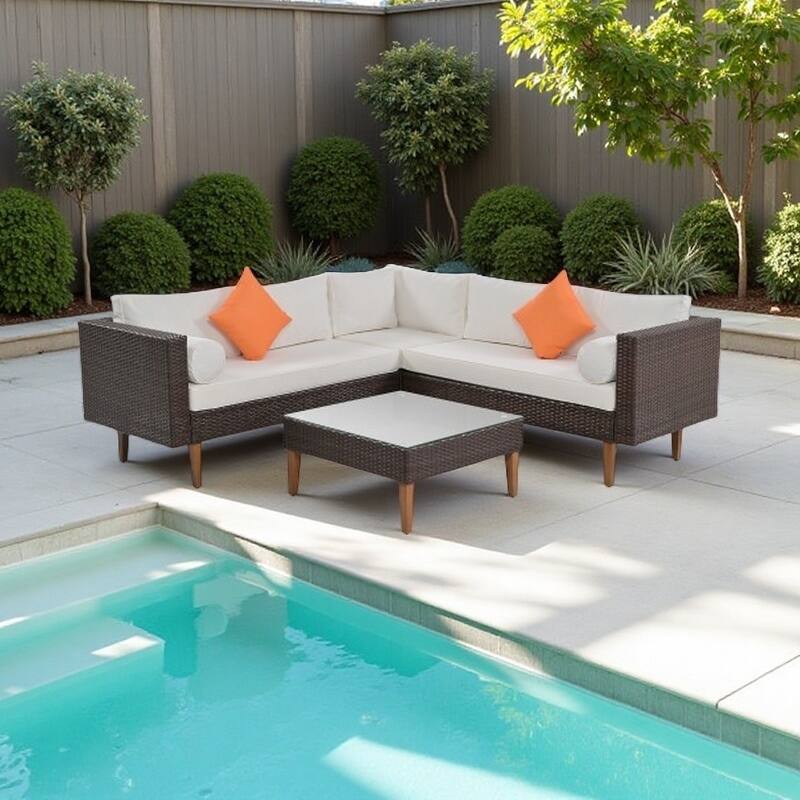 4-Piece Outdoor Wicker L-Shaped Sofa Set with Adjustable Wood Legs, Weather-Resistant Cushions & Colorful Pillows - Beige