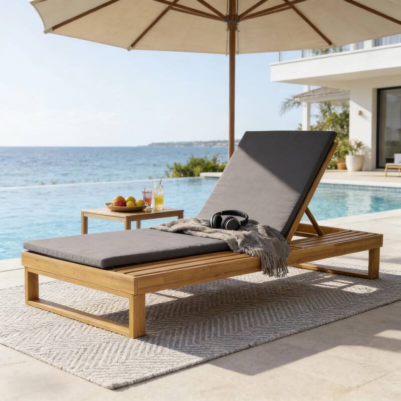 Christopher Knight Home - Modern Outdoor Acacia Wood Chaise Lounge with 4-Position Adjustable Backrest & 2-Fold Cushion