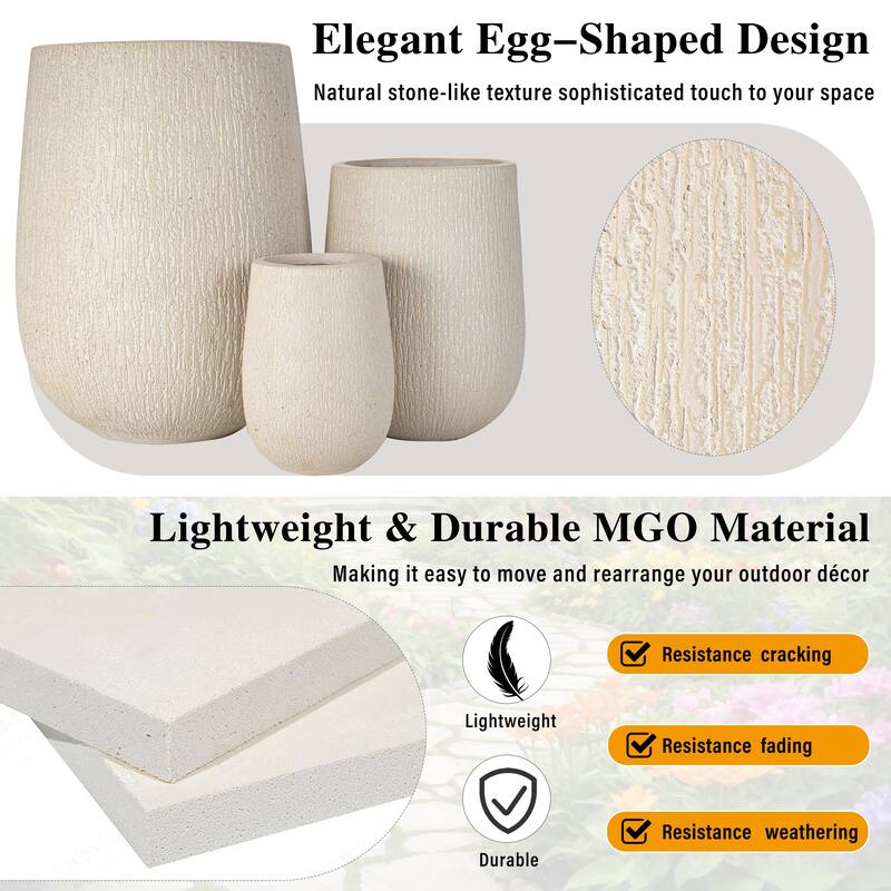 Egg-Shaped Lightweight MGO Outdoor Planter Set of 3,Modern Stone-Look Textured Flower Pots with Drainage Holes and Rubber Plug