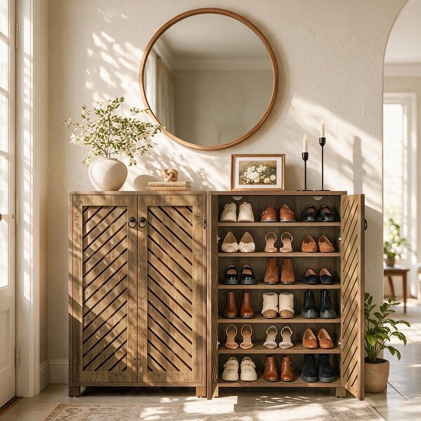 Shoe Cabinet with Diagonal Slatted Doors, 6-Tier Shoe Storage