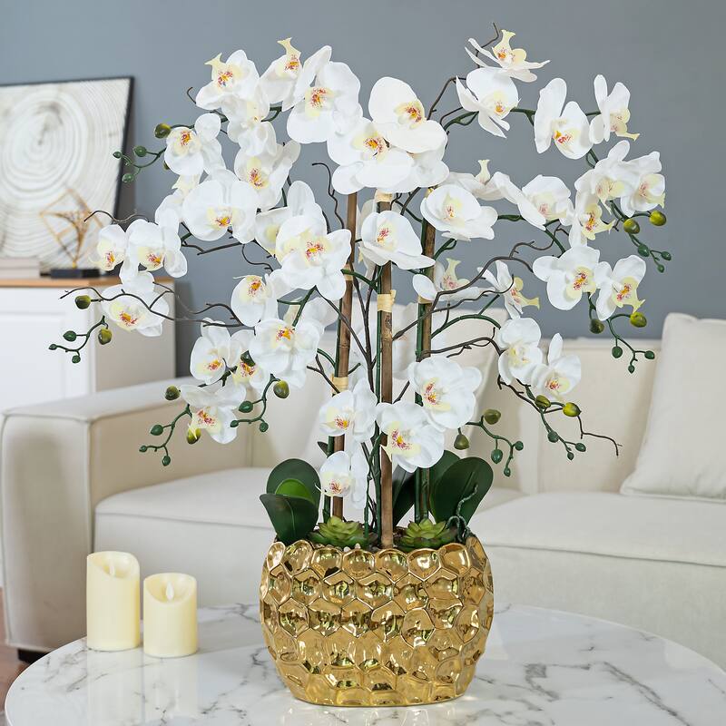 8 Stems Real Touch Phalaenopsis Plastic Orchids with Succulents in White Ceramic Pot - 35.43" H x 31.5" W x 31.5 " D - Gold