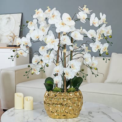 8 Stems Real Touch Phalaenopsis Plastic Orchids with Succulents in White Ceramic Pot - 35.43" H x 31.5" W x 31.5 " D