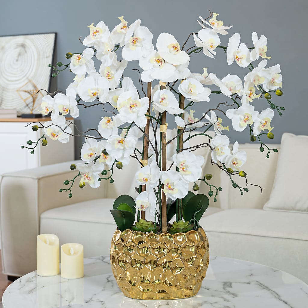 8 Stems Real Touch Phalaenopsis Plastic Orchids with Succulents in White Ceramic Pot - 35.43" H x 31.5" W x 31.5 " D