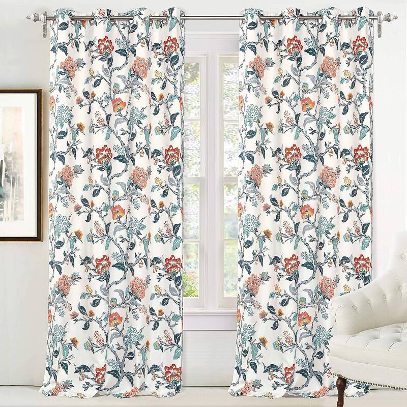 Porch & Den Navarre Botanical Blackout Curtain Panel Pair - 52" width x 84 " length - Ivory Orange Teal