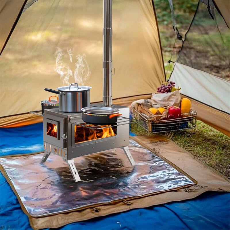 Portable Camping Tent Stove Stainless Steel Outdoor Cooking Heater Log Burner Wood Burning