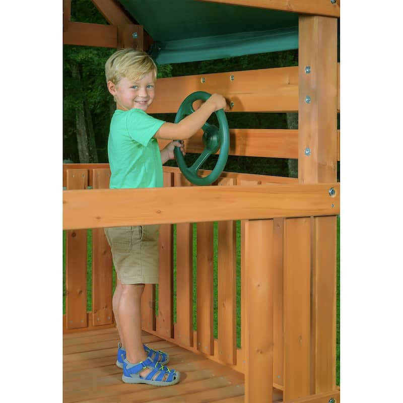 Mountain View Swing Set with Tarp Roof, Climbing Wall, Monkey Bars