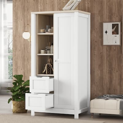 Closet with Barn-Style Sliding Door Design, 3-Tier Open Shelves and 2 Drawer, Bedroom Storage Wardrobe with Hanging Rods - N/A