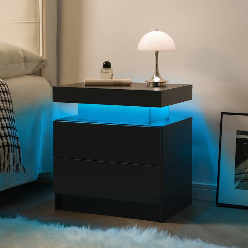GDF Studio - Avalon Modern LED Nightstand with Dual Drawers and Open Storage Shelf