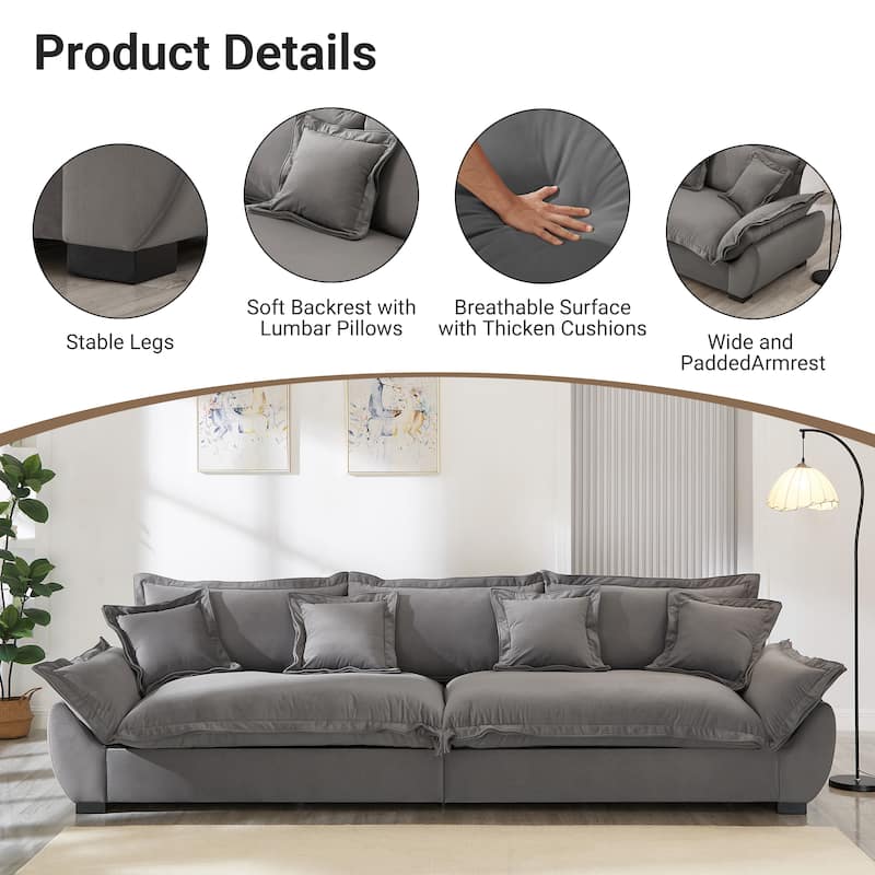 Modular Spacious Deep Seating Velvet Sofa with Storage, Removable Cushion Covers, Pillow Top Arms, Solid Wood Frame and Pillows