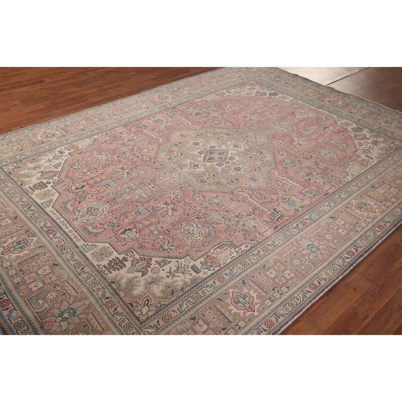 Pink Tabriz Persian Vintage Rug Hand-Knotted Traditional Wool Carpet - 6'9"x 9'8"