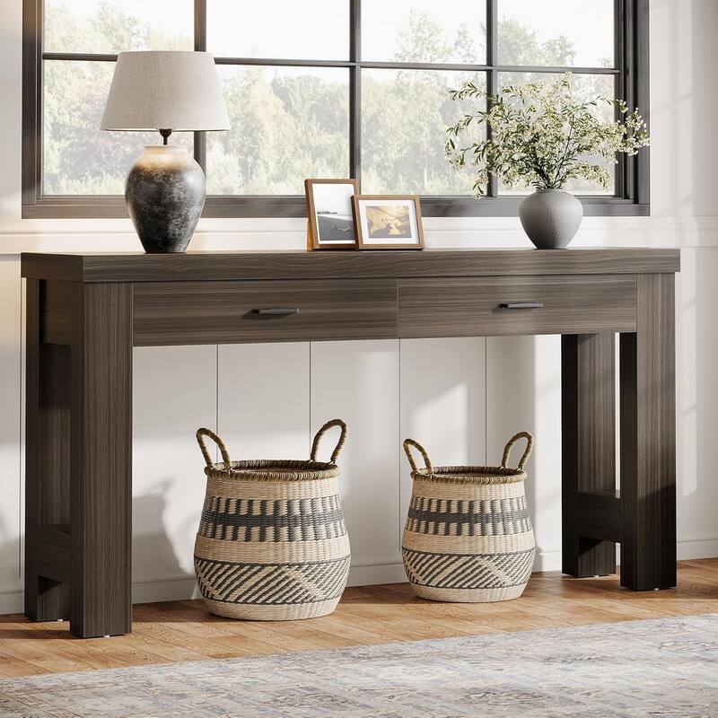 63 Inches Console Table with 2 Drawers, Wood Entryway Table with H-Shaped Legs