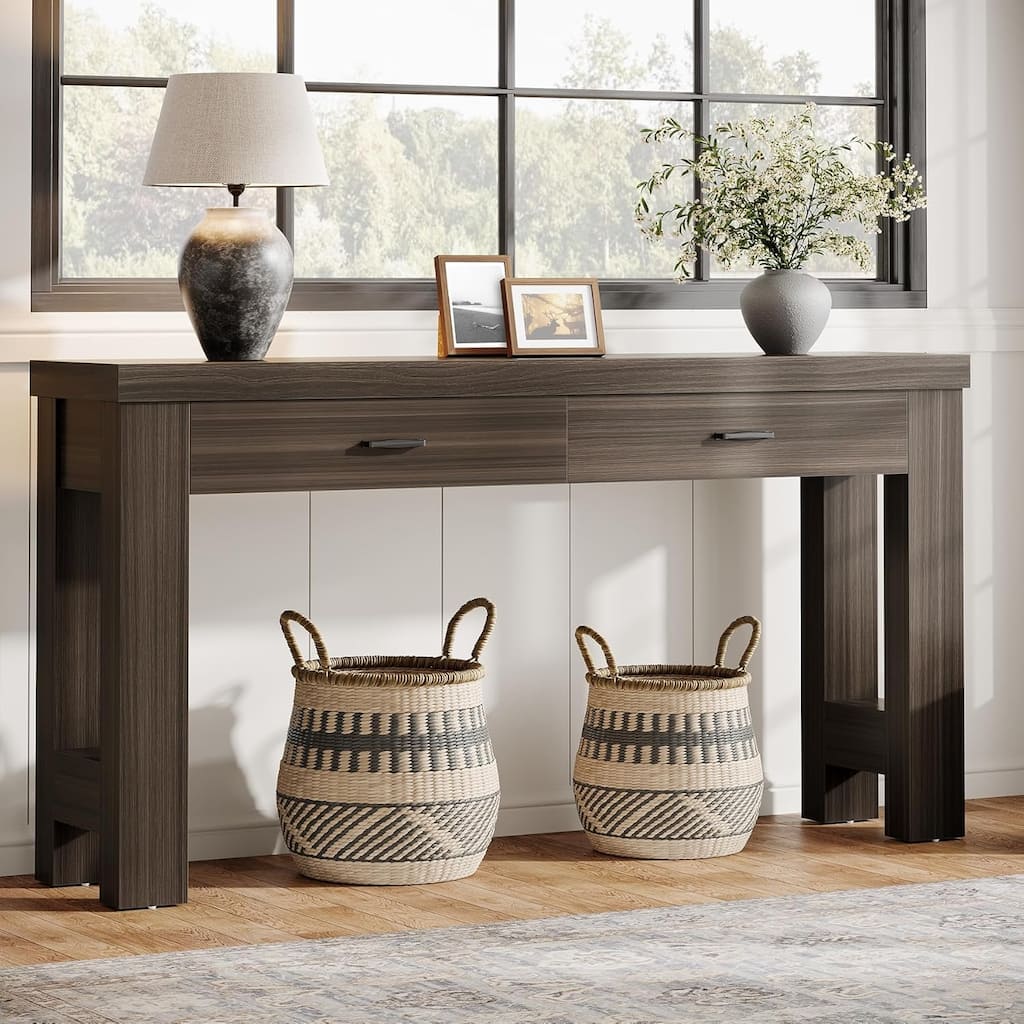 Wood Entryway Table with H-Shaped Legs, 63 Inches Console Table with 2 Drawers