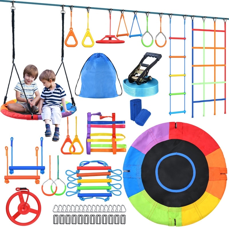 Hapfan 50ft Ninja Warrior Obstacle Course for Kids with Swing,Tree