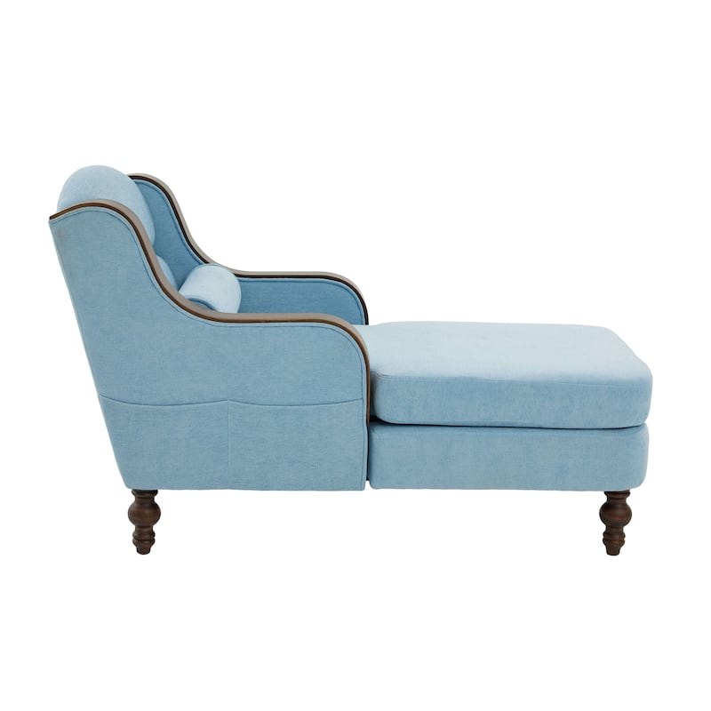 Ergonomic Chaise Lounge Indoor Chenille Single Lazy Sleeper Sofa Bed with Side Pockets, Solid Wood Armrests and Foots