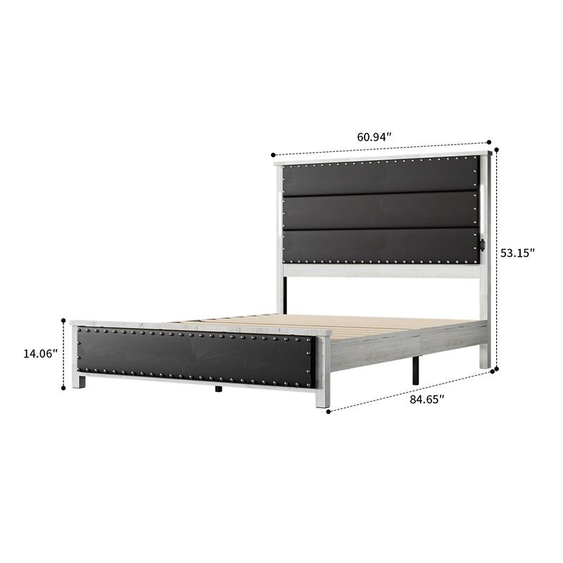 Modern luxury style upholstered bed frame with LED lighted headboard, charging port and nailhead trim for bedroom