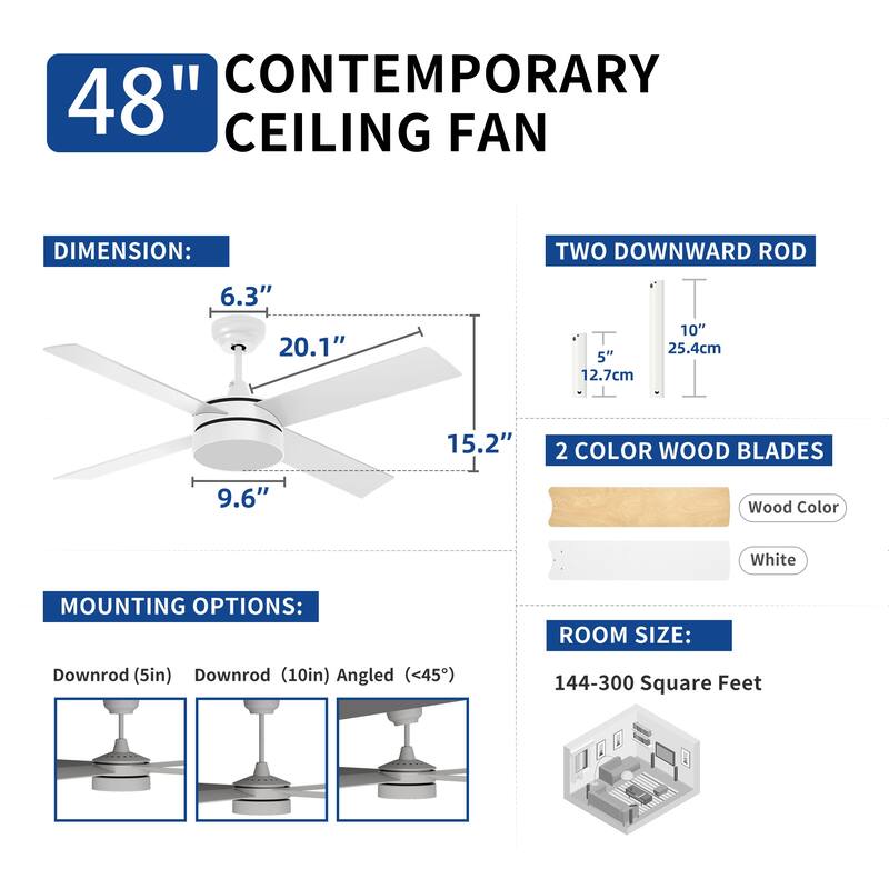 Moasis 48in 4 Blades Smart Ceiling Fans with LED Light and Remote - N/A