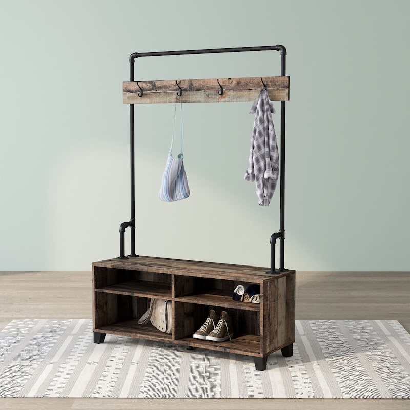 DH BASIC Industrial Barnwood Iron Entryway Bench with Coat Rack by Denhour