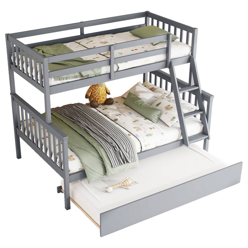 Convertible Twin Over Full Bunk Bed with Trundle, Detachable Ladder and Guardrail, Grey