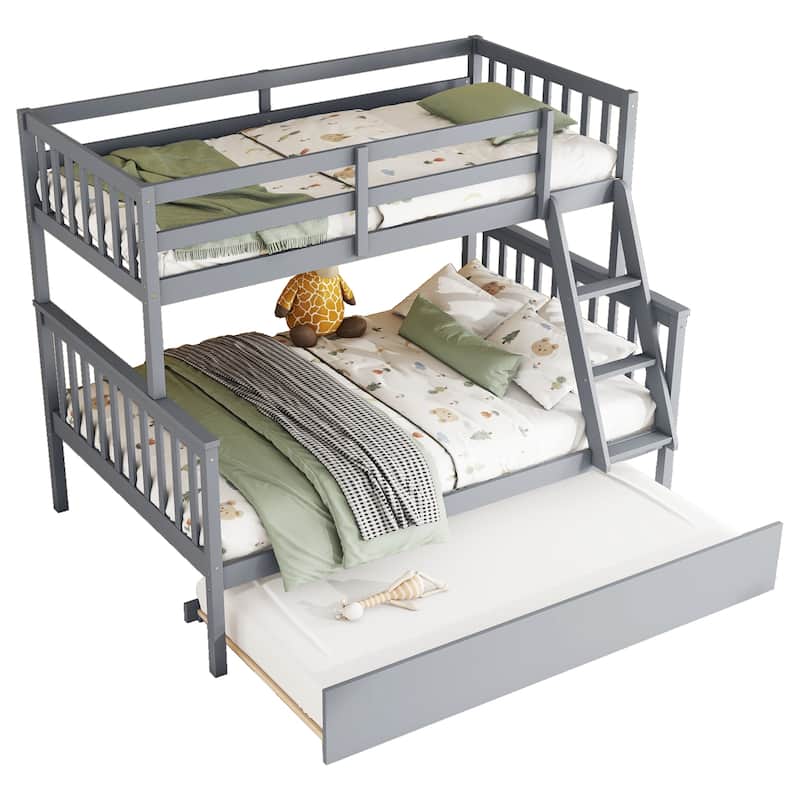 Rubber Wood Bunk Bed with Trundle Bed,Converted into 2 Individual Beds