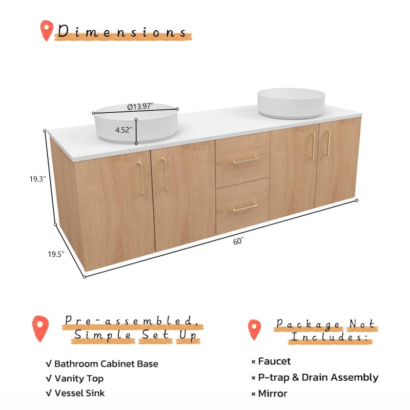 Prismella 60" 72" 84" Floating Vanity with Round Vessel Sink, Quartz Top