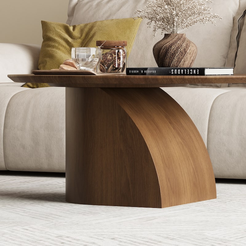 35.4" Mid-Century Modern Round Coffee Table-Solid Wood Veneer,Sturdy Curved Base