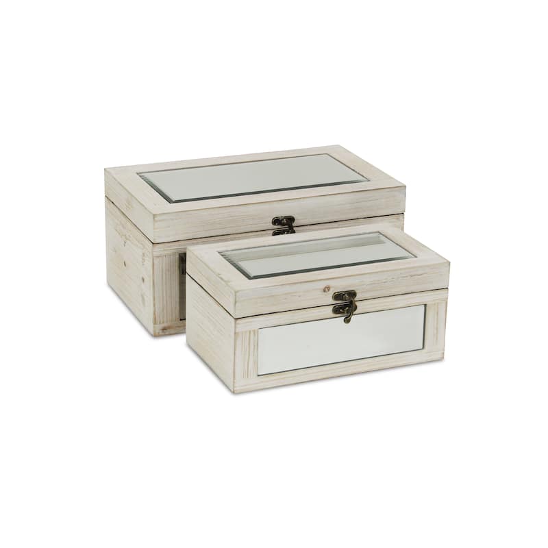 Set of 2 White Contemporary Sized Mirrored Storage Boxes 11.75"