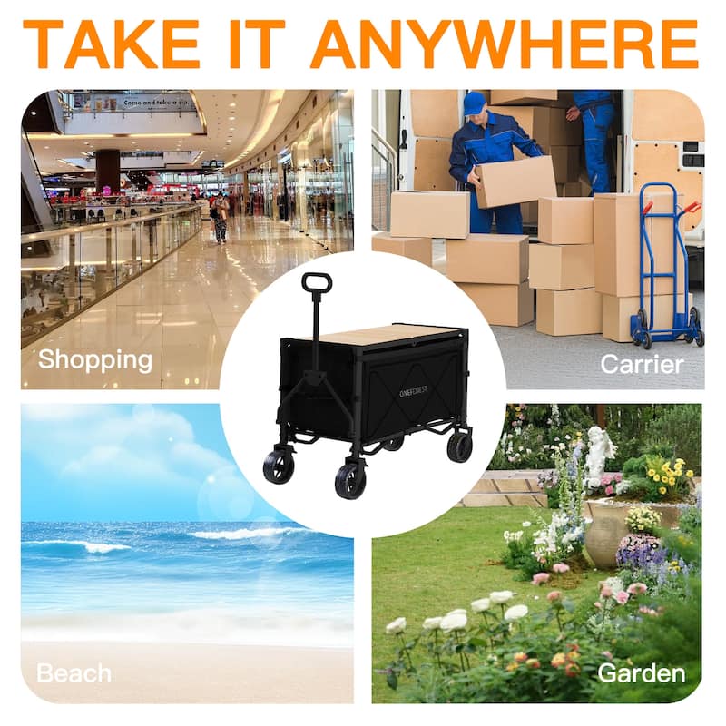 Foldable Camping Cart with Adjustable Handle, Bamboo Tabletop, Foldable storage, and Waterproof Oxford Canopy