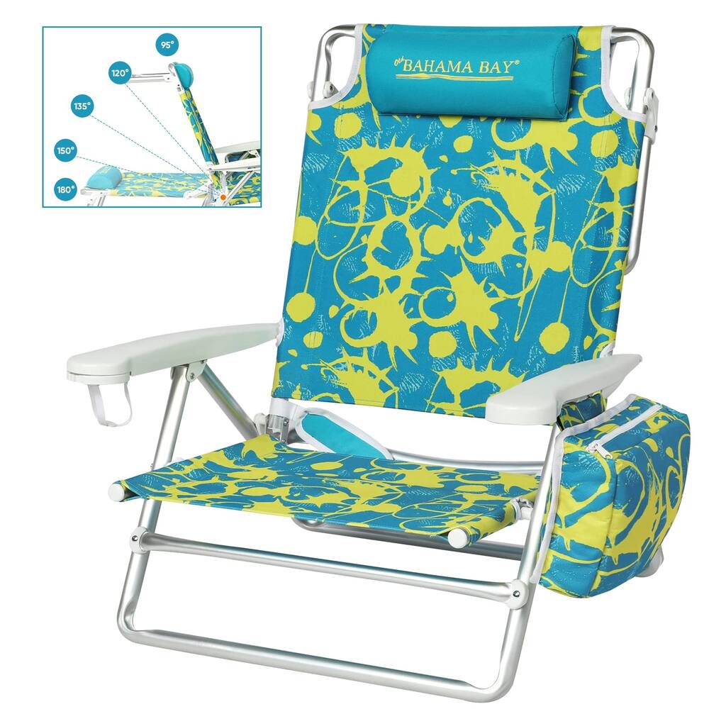 Reclining Beach Chair Backpack 5-Position Lay Flat Lounge Chair Heavy Duty Portable Folding Lightweight with Cooler Bag