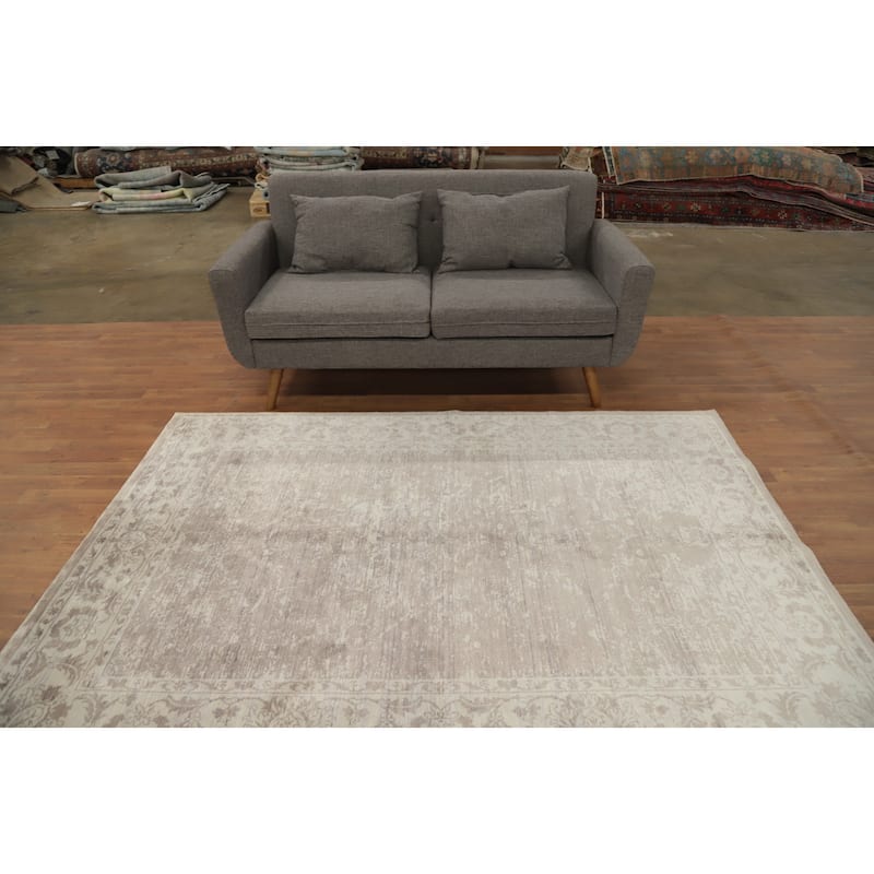 Hand Knotted Oriental Viscose Silk Carpet Modern Abstract Beige & Ivories Abstract Area Rug - 7' 4'' X 5' 3''