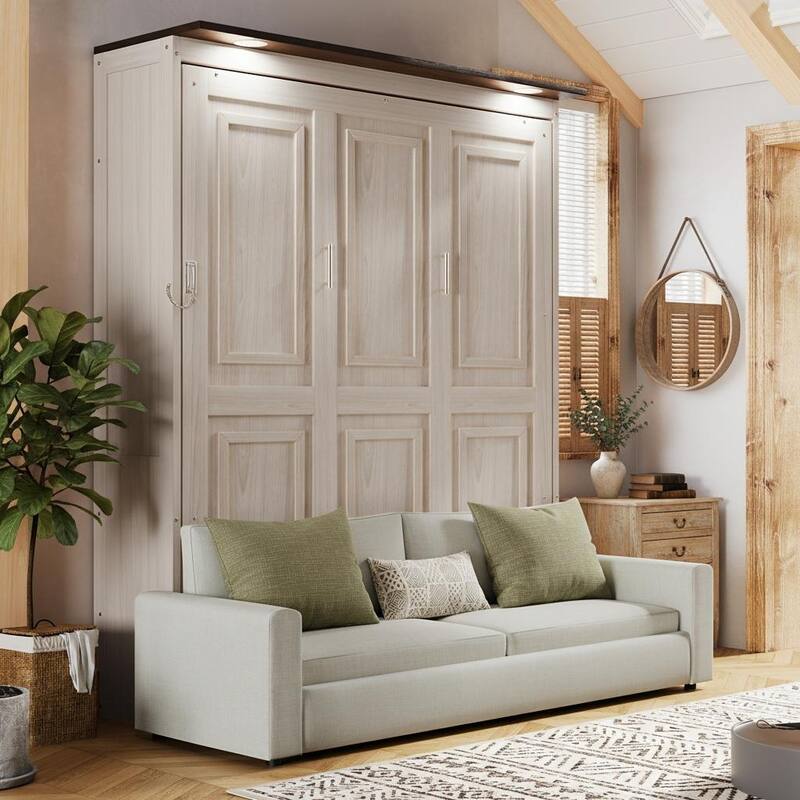 Queen Size Murphy Bed with Upholstered Sofa & LED Light by Harper&Bright Designs