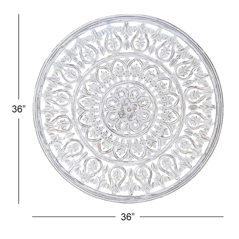 Wood Floral Handmade Intricately Carved Wall Decor with Mandala Design - White - Roche River Decor