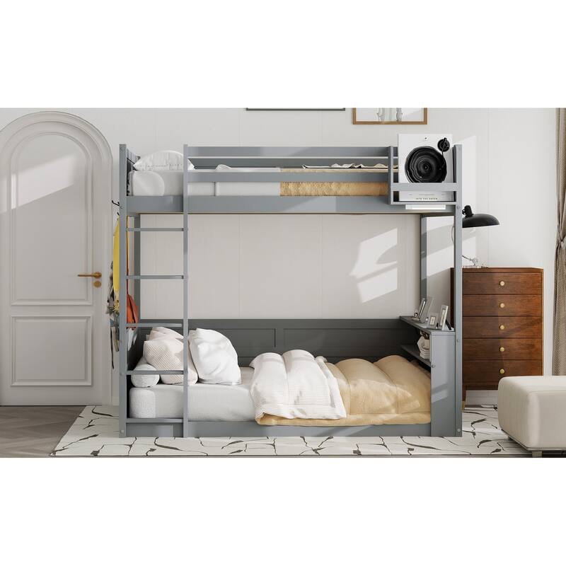 Queen Size Wooden Bunk Bed with Built-in Shelves, Storage Box, LED Light & USB Charging Station, Space-Saving Design