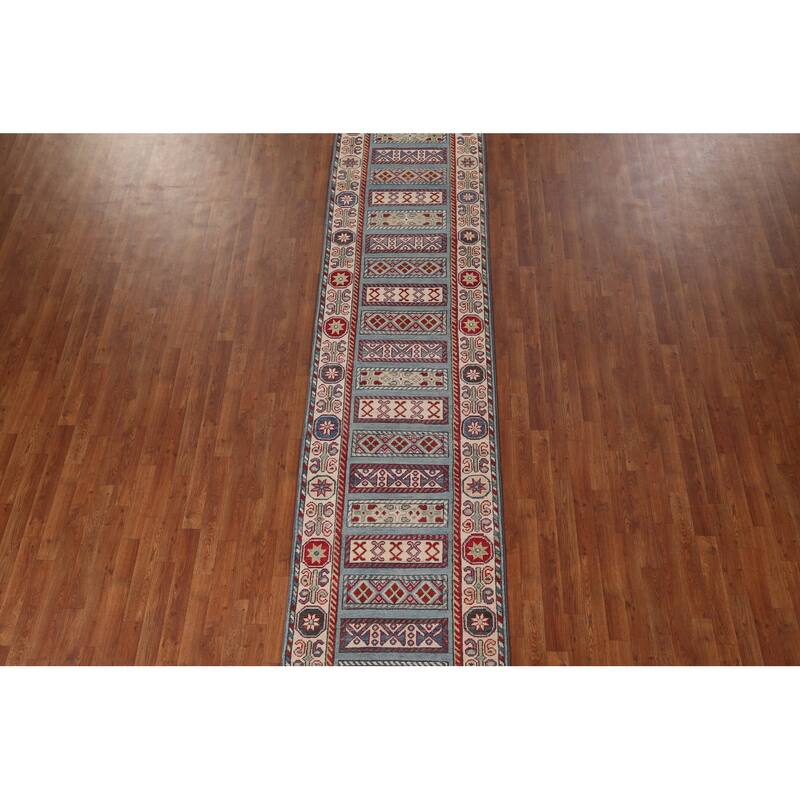 Light Blue Kazak Oriental Runner Rug Handmade Wool Carpet - 3'0" x 16'5"