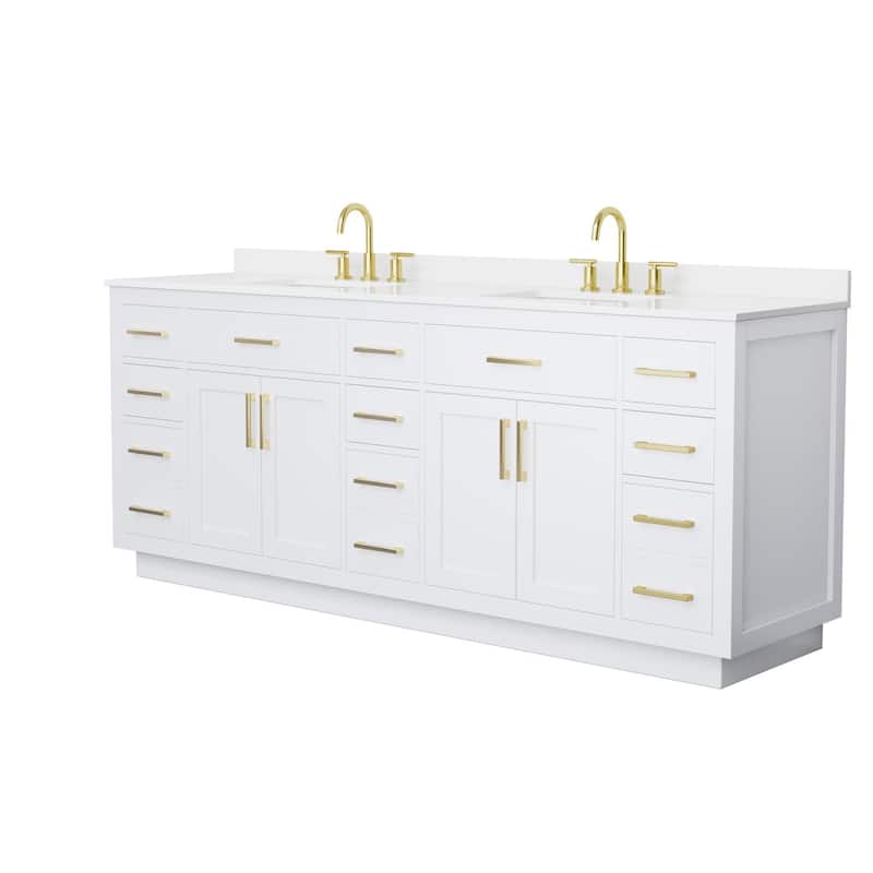 Beckett TK 84-inch Double Vanity, 3 Hole Quartz Top - White, Gold Trim, White Quartz Top