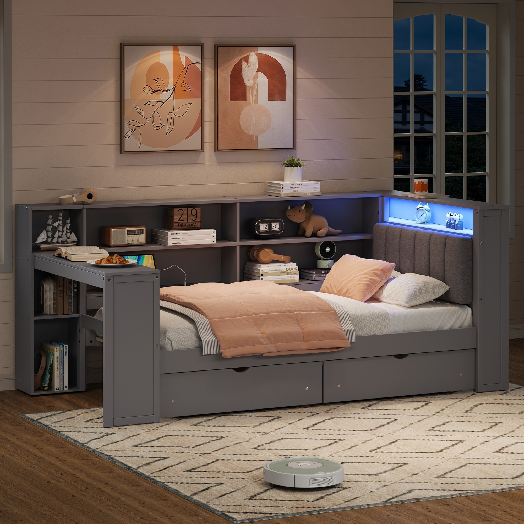 Roomfitters Wood Twin Platform Bed with Storage Shelves, Desk, Drawers and Charging Station, Upholstered Headboard, Grey