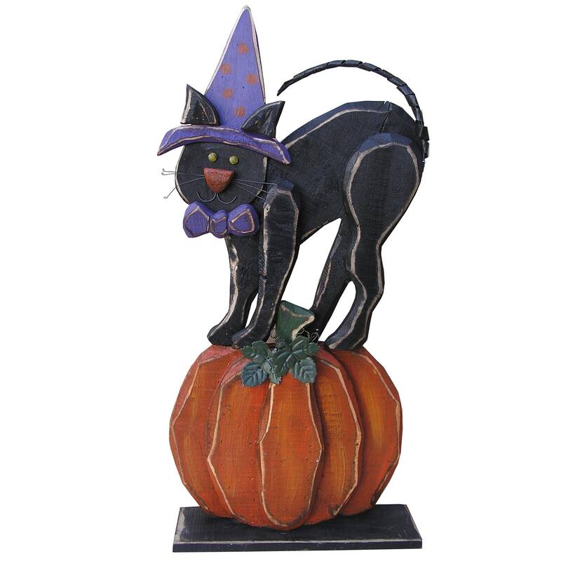 Wooden Black Cat on Pumpkin Halloween Tabletop Outdoor Decoration - 31"