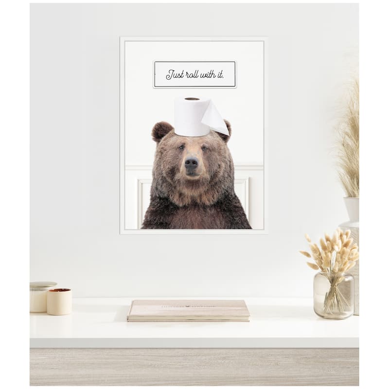 Kate and Laurel Sylvie Bear Just Roll with It Bathroom Framed Canvas by Amy Peterson