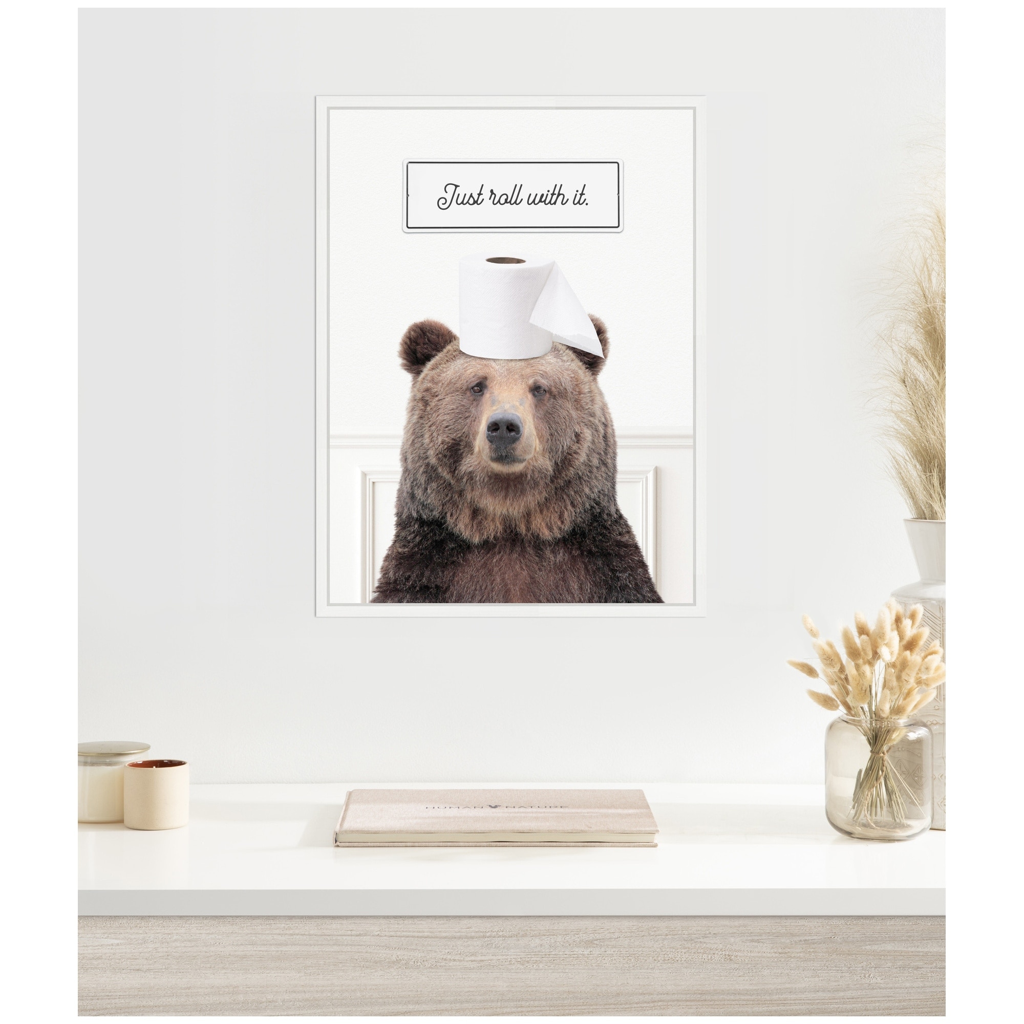 Kate and Laurel Sylvie Bear Just Roll with It Bathroom Framed Canvas by Amy Peterson