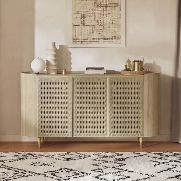slide 2 of 9, Spruce & Spring Rattan Adjustable Shelves Sideboard with Solid Wood Legs Oak